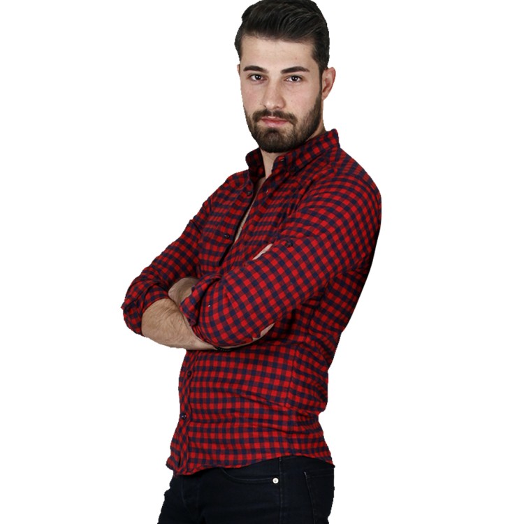 Ekose Erkek Gömlek (Cepsiz) Lacivert Kırmızı
