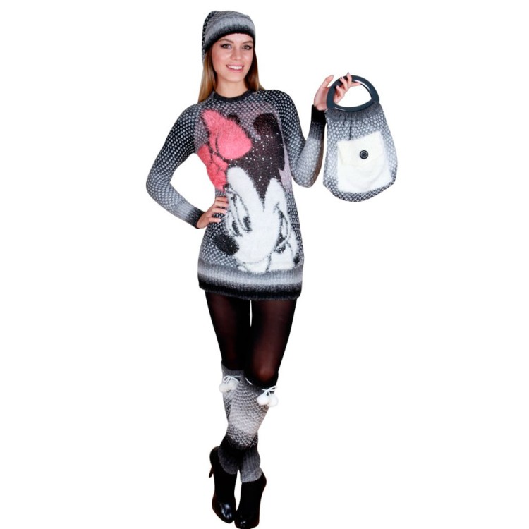 Sevimli Minnie Mouse 4 lü Bayan Kazak, Çorap, Şapka, Çanta Siyah