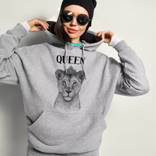 Gri Oversize Kapüşonlu Bayan Queen Sweatshirt
