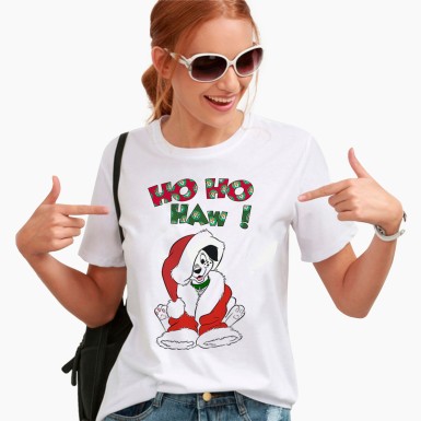 Sevimli Yılbaşı Kıyafeti Köpek Baskılı Ho Ho Hav Bayan Tişört