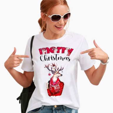 Merry Christmas Geyikli Bayan Yılbaşı Kıyafeti Tişört
