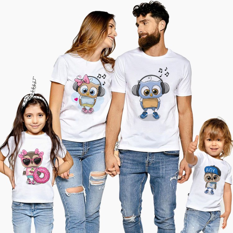 Sevimli Baykuş Ailesi - 4'lü Aile Tişört Kombinleri