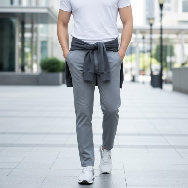 Jogger Pantolon - Gri Erkek Yürüyüş Pantolonu - Beli Lastikli Likralı Kumaş