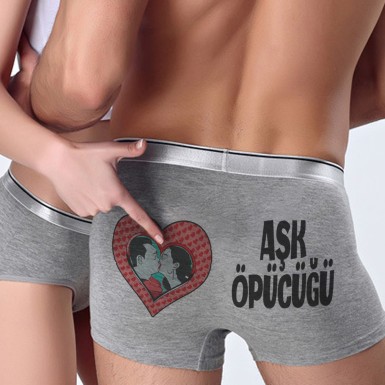 Kalpli Aşk Öpücüğü Karikatür Baskılı Romantik Boxer