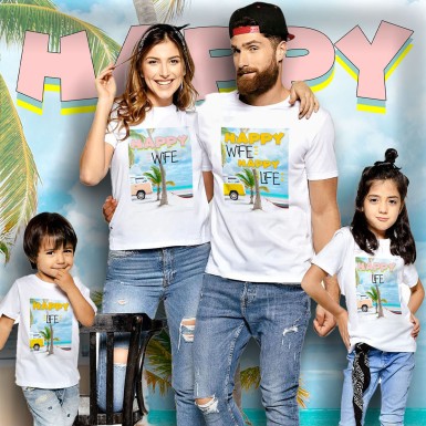 Yazlık Happy Wife Happy Life 4'lü Aile Tişörtü