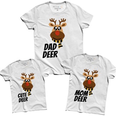 3'lü Yılbaşı Aile Tişörtü - Geyikli Yılbaşı Kıyafeti Aile Tişörtleri 