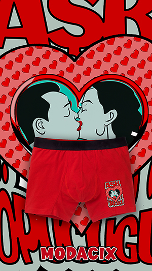Erkek sevgiliye kalp ve karikatür baskılı, aşk öpücüğü yazılı, romantik hediyelik boxer modeli.